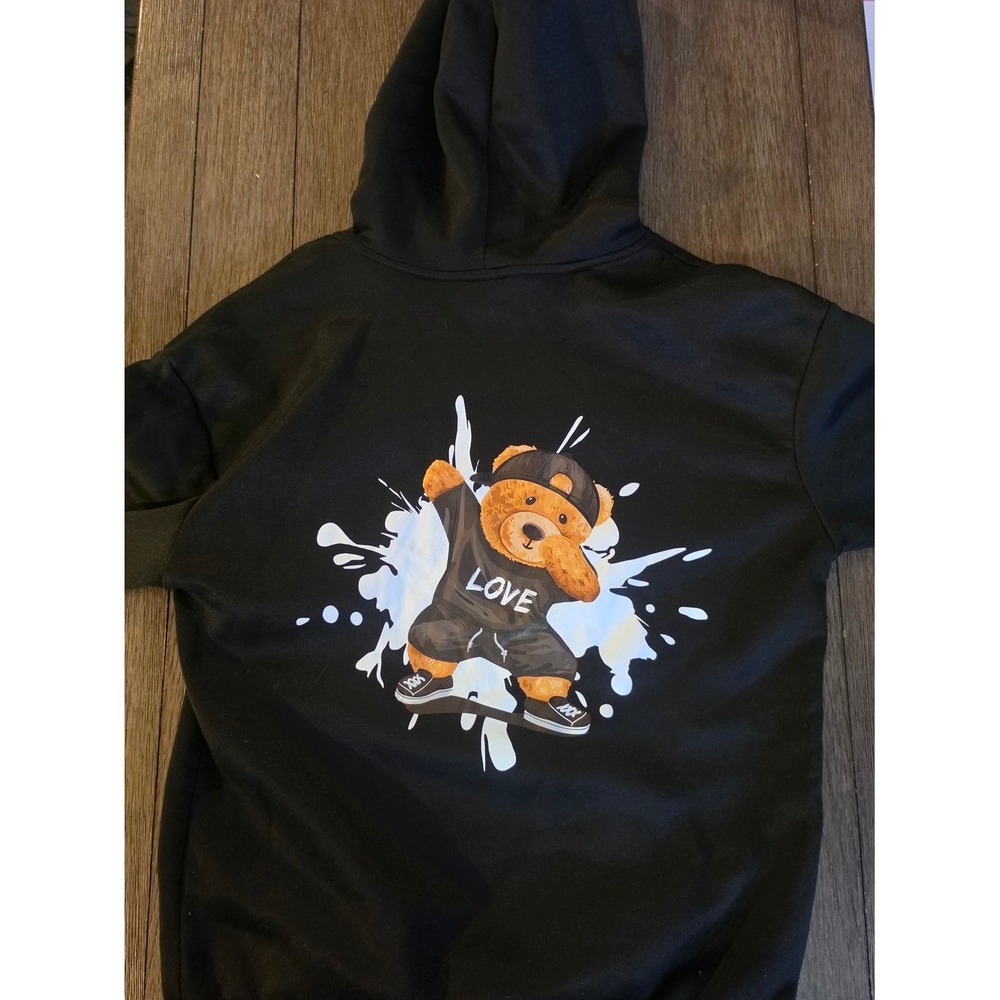 SHEIN Black Crewneck Hoodie with White "LOVE" Chest Print And Bear On Back